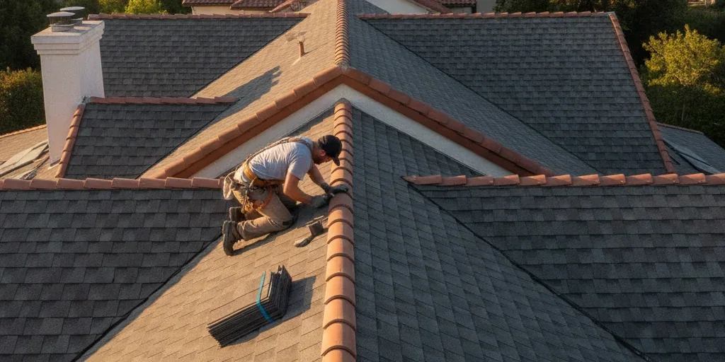 Roofing crew servicing a home in Cupertino, CA