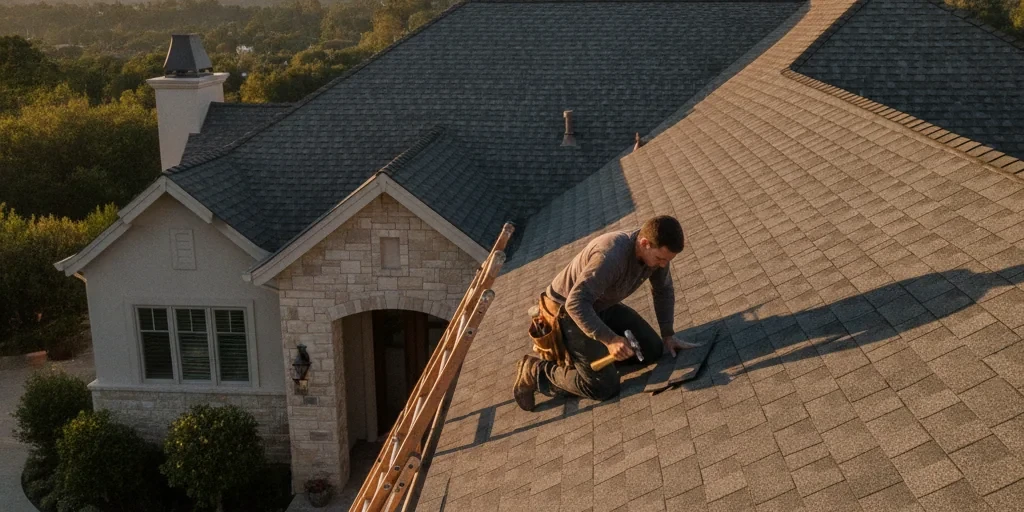 Roofing crew servicing a home in Los Gatos, CA