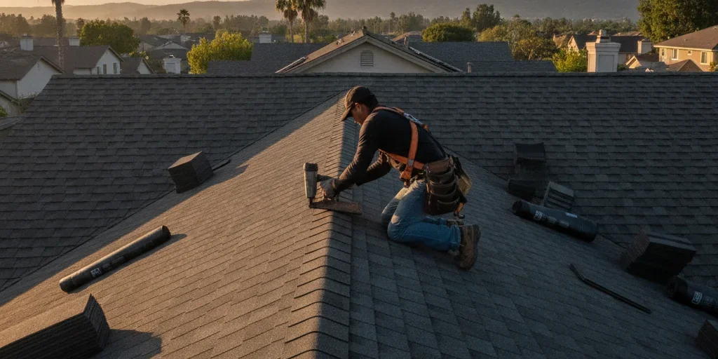Roofing crew servicing a home in Milpitas, CA