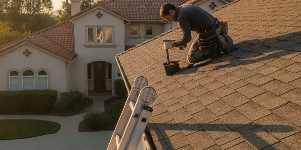 Roofing crew servicing a home in Morgan Hill, CA